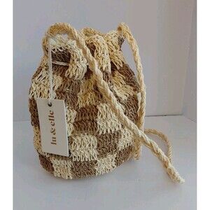 Lu & Elle Raffia Straw Checkered Drawstring Purse